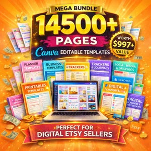 Puede incluir: Imagen promocional que presenta un portátil rodeado de plantillas y gráficos coloridos. La imagen destaca un "Mega Bundle" de más de 14.500 páginas de plantillas editables de Canva, incluyendo planificadores, rastreadores y gráficos de redes sociales, perfecto para vendedores digitales de Etsy.