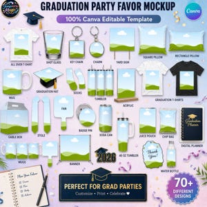 May include: A selection of graduation party favour mockups, including t-shirts, mugs, keychains, and other items. The image displays a range of customisable products with a graduation theme, ideal for celebrating the class of 2026.