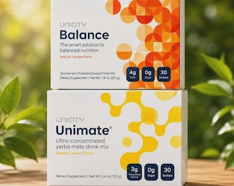 Paquete combinado Unicity Unimate + Balance / Mezcla para bebida de bienestar diaria / Sobres de apoyo para la energía y la salud intestinal