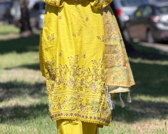 Mustard Yellow Embroidered Cotton Kurta Set | Pakistani 3 Piece Festive Wear