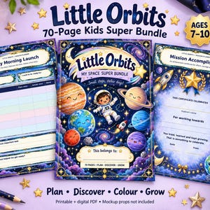 May include: A 70-page Little Orbits kids super bundle featuring space-themed activity sheets. The cover displays an astronaut, planets, and stars with the text Little Orbits My Space Super Bundle. Includes a morning launch planner and certificate.