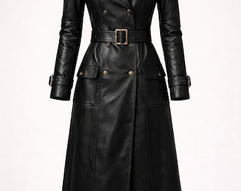 Black Genuine Leather Trench Coat – Belted Double Breasted Winter Jacket