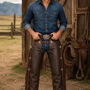 May include: A dark brown leather chaps set featuring long fringe along the outer legs, silver-toned metal concho accents, and a buckle closure at the waist, worn over blue denim jeans with a dark blue denim button-down shirt and a brown cowboy hat.