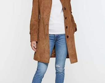 Women’s Brown Suede Leather Coat, Handmade Long Jacket, Button Front Trench Style Coat, Vintage Suede Coat, Fall Winter Outerwear