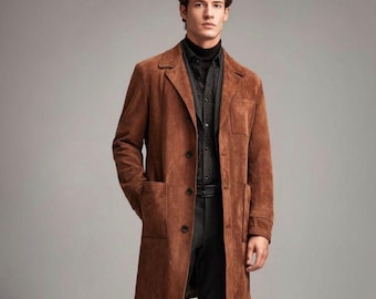 Men’s Brown Suede Leather Trench Coat | Handmade Long Coat | Vintage Style Overcoat | Classic Winter Jacket for Men | Premium Leather Coat