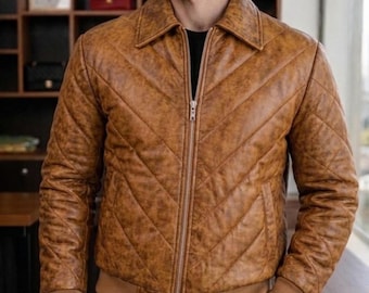 Men's Vintage Brown Quilted Leather Bomber Jacket, Distressed Chevron Padded Biker Coat