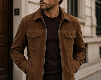 Handmade Men’s Brown Suede Leather Jacket – Vintage Style Trucker Jacket