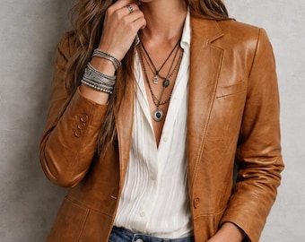 Women Western Boho Genuine Leather Blazer - Tan Cognac Leather Coat - Rustic Chic.