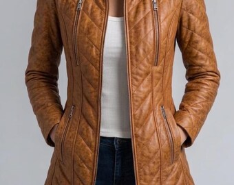 Women's Tan Quilted Leather Long Coat, Slim Fit Diamond Stitch Genuine Leather Jacket