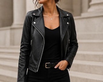 Women’s Black Leather Biker Jacket – Slim Fit Moto Jacket with Asymmetrical Zip – Classic Street Style Outerwear