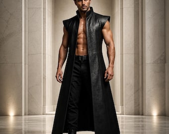 Men’s Sleeveless Long Leather Vest Coat | Cyberpunk Warrior Trench | Matrix-Inspired Fashion | Gothic Festival Streetwear | Custom Overcoat