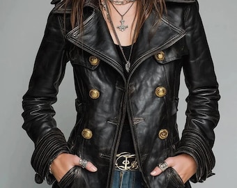 Women’s Genuine Lambskin Leather Jacket Double-Breasted Black Vintage Coat with Gold Buttons