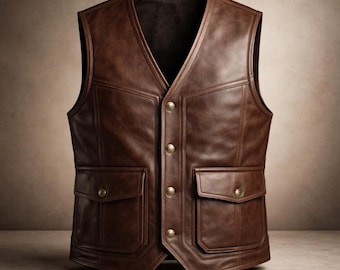 Men's Brown Full Grain Leather Biker Vest | Vintage Style Waistcoat