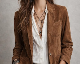 Vintage Brown Suede Blazer - Boho Western Leather Jacket for Women - Chic Tan Autumn Coat