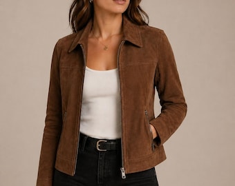 Women’s Brown Suede Leather Jacket – Slim Fit Casual Coat.