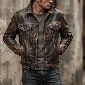 May include: A distressed brown leather jacket with a pointed collar, long sleeves, and two chest pockets with flaps. The jacket features a button-front closure with metallic buttons and is worn over a plain gray t-shirt and dark blue denim jeans.