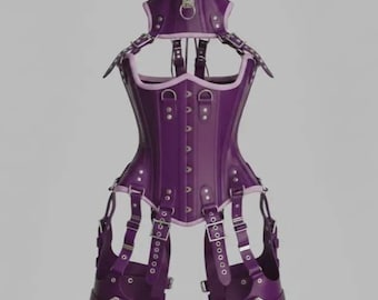 Handmade Purple Leather Corset Harness Set | Steel Boned, Choker & Cuffs