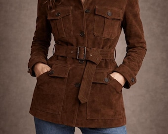 Women’s Brown Suede Leather Jacket Belted Style Coat Vintage Utility Jacket Slim Fit Outerwear