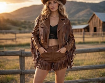 Brown Leather Fringe Jacket and Shorts Set | Western Cowgirl Outfit, Festival Wear