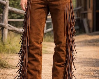 Handmade Brown Suede Leather Cowboy Pants – Western Fringe Biker Rodeo Wear
