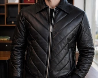 Men’s Quilted Chevron Black Leather Bomber Jacket