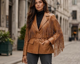 Women’s Tan Leather Fringe Jacket – Western Style Belted Leather Coat – Boho Cowgirl Tassel Jacket – Vintage Inspired Statement Outerwear