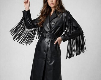 Black Leather Fringe Trench Coat – Belted Western Tassel Jacket Overcoat