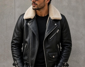 Men’s Black Shearling Leather Jacket – Biker Style Winter Coat – Genuine Leather Aviator Jacket – Warm Fur Collar Motorcycle Jacket for Men