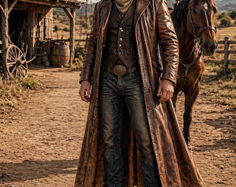 Men's Vintage Brown Leather Duster Coat: Western Cowboy Ranch Style Overcoat