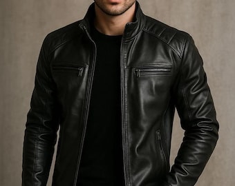 Men's Black Lambskin Leather Moto Jacket: Slim Fit, Handmade