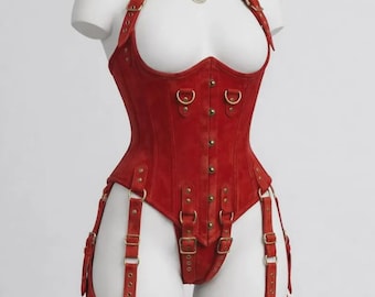 Real Suede Leather Over bust Corset: Steel Boned, Lace-Up Front