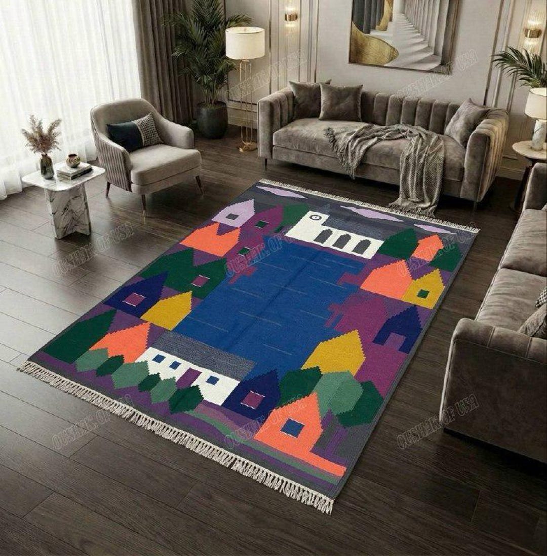 Handwoven Kilim Rug – Colorful Village Scene Flatweave Dhurrie, Boho ...