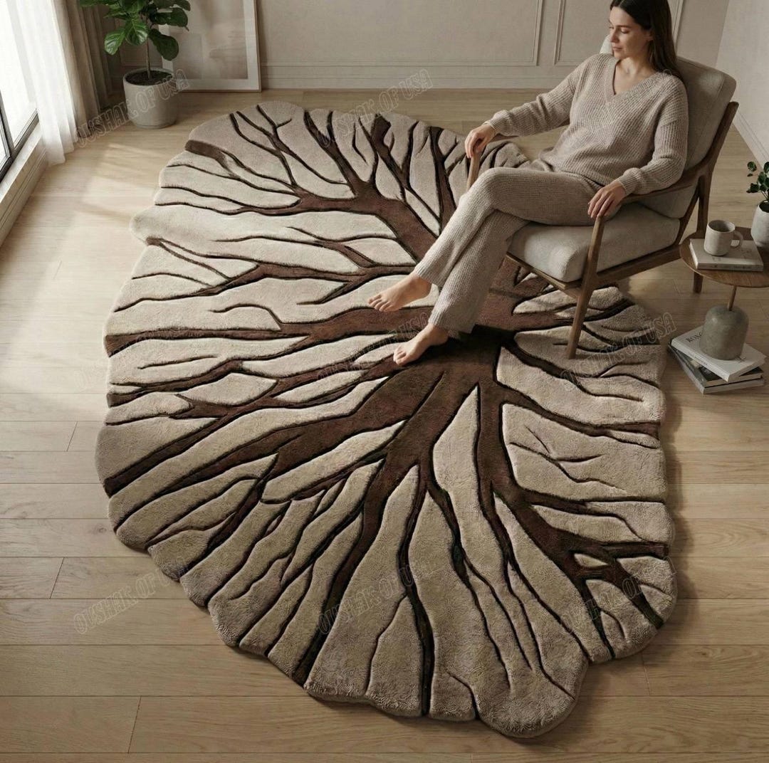 Hand Tufted Tree Root Rug 8x10 Large | Beige Brown Sculptural Wool Area ...