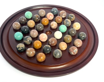 Jogo de Paciência de Bolinhas de Gude Bombay Company Vintage 1994 | Tabuleiro de Madeira de Mogno, 36 Bolinhas de Gude de Pedras Semipreciosas, Decoração para Casa, Ótimo Estado, Retrô