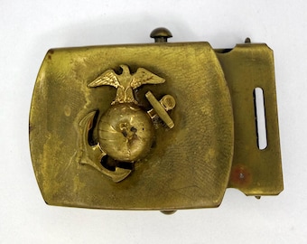 Hebilla de cinturón de gala de latón macizo del Cuerpo de Marines de EE. UU. (USMC EGA), vintage y rara, de la década de 1980 / "Hecho en EE. UU.", coleccionable, águila, globo terráqueo, ancla, militar