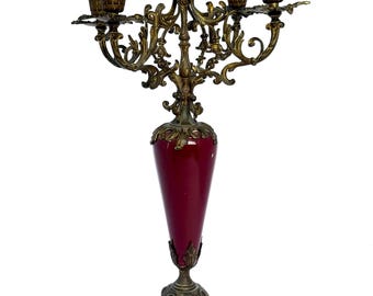 Vintage Antique 19th-Century Louis XVI-Style Bronze and Porcelain Candelabrum Candelabra Candle Holder | French Louis, Sang De Boeuf, RARE