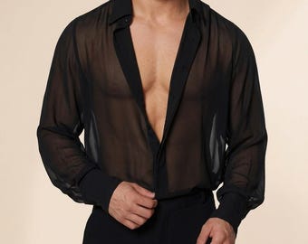 Camisa masculina preta transparente em tela - Blusa de chiffon transparente de manga comprida com botões - Estilo streetwear vintage - Roupa retrô para festas e baladas - Blusa casual de verão
