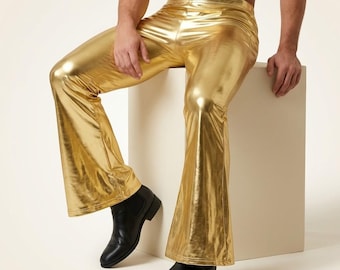 Calças masculinas metalizadas estilo discoteca, boca de sino – Calças flare em couro sintético