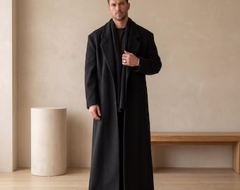 Sobretudo masculino preto em lã mista, comprimento até o chão – estilo coreano, modelo maxi folgado.