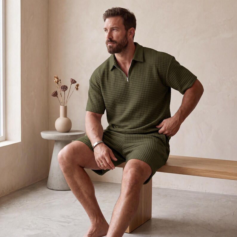 May include: Olive green polo shirt and shorts set. The short-sleeved shirt has a quarter-zip closure and a textured, waffle-like pattern. The shorts match the shirt in color and texture. The set is made of a soft, comfortable material.