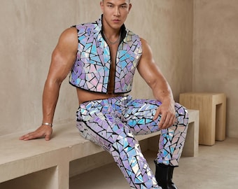 Conjunto de colete e calça de lantejoulas masculino: roxo e azul espelhado para figurino de palco