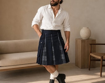 Kilt utilitário híbrido xadrez masculino – Kilt cargo 100% algodão para festivais