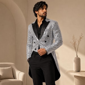 Può includere: Una giacca a coda con paillettes argentate caratterizzata da un bavero in raso nero, chiusura a doppio petto e maniche lunghe. Il capo è indossato sopra una camicia nera abbottonata e pantaloni neri, creando un look formale scintillante.