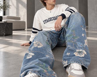 Calça Jeans Masculina Estampada Floral Estilo Baggy: Calça Jeans de Pernas Largas Y2K (Corte Relaxado)