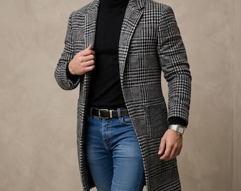 Trench coat masculino pied-de-poule: Jaqueta longa xadrez quente para o inverno – Roupa de frio para estilo urbano