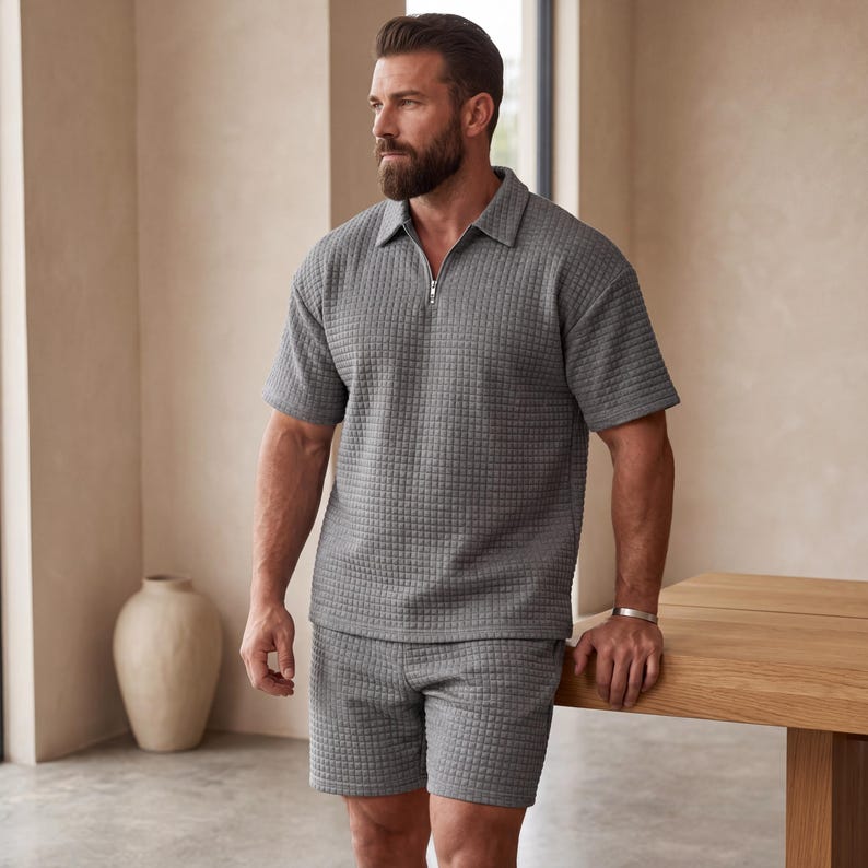 May include: A gray textured polo shirt with a zipper and matching shorts. The outfit has a waffle-like pattern. The model is wearing a silver bracelet and is standing near a wooden table and a beige vase.