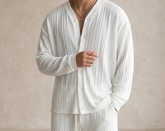 Men's Knit Two-Piece Set: Deep V Cardigan, Elastic Waist Pants, Minimalist Lounge Wear