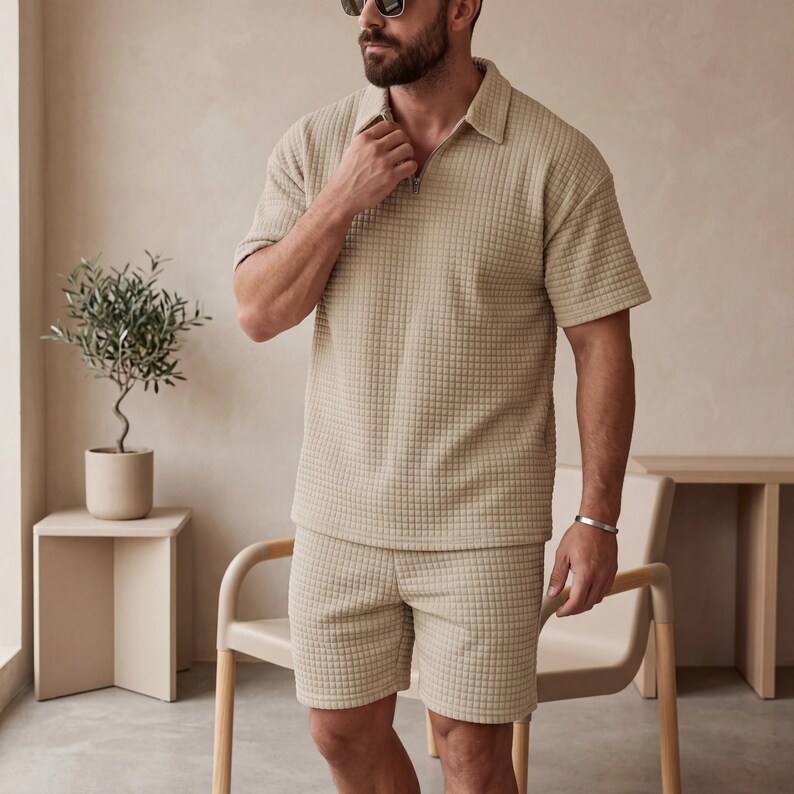May include: Beige textured polo shirt with a zipper and matching shorts. The outfit has a grid-like pattern. The model is wearing sunglasses and a silver bracelet. The background is a neutral color.