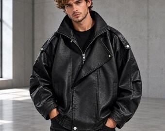 Men's Faux Leather Jacket: Thick Autumn Winter Zip-Up Biker Coat (Black)