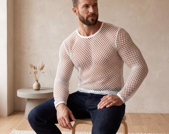 Camiseta masculina de manga comprida em malha transparente - Top com gola redonda, sexy, streetwear, ideal para baladas, respirável, para festas e noites especiais - Tamanhos P a 5XG, moda verão estilosa.
